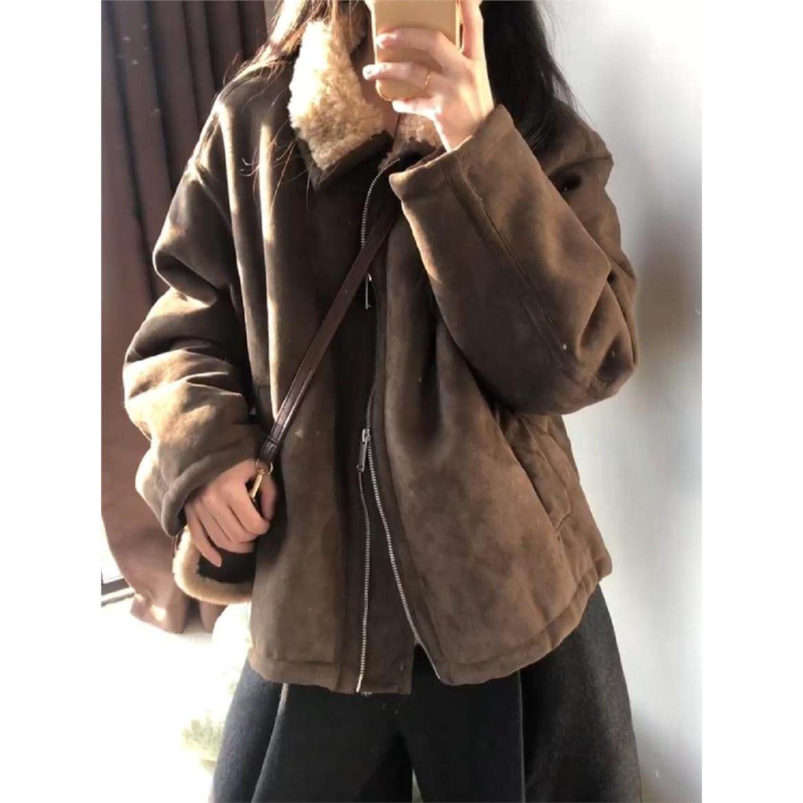 冬季麂皮加厚夹克棉服女2025新款日系覆古宽松加绒保暖羊羔毛外套,淘宝优惠券,粉丝福利购,淘宝优惠卷