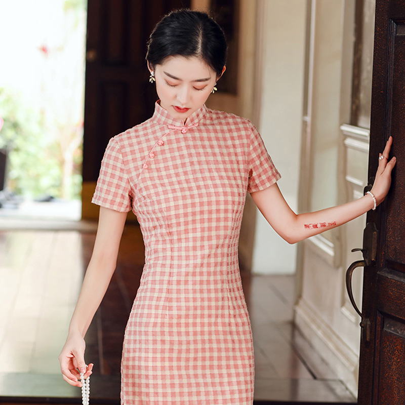 纯棉苏州格子旗袍新款2024优雅改良年轻款气质粉色复古少女连衣裙