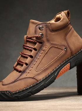 Large size men's leather boots with stitching Martin boots