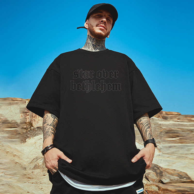 2025重磅潮牌宽松T恤美式短袖五分半袖纯棉国潮大码男装夏季男款 - 图0