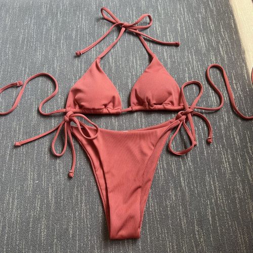 系带挂脖三点式比基尼纯色带胸垫三角包泳装欧美性感丁字裤bikini - 图3