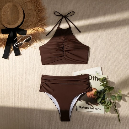 韩版系带挂脖分体泳衣褶皱性感高腰遮肚比基尼沙滩泳装女士bikini