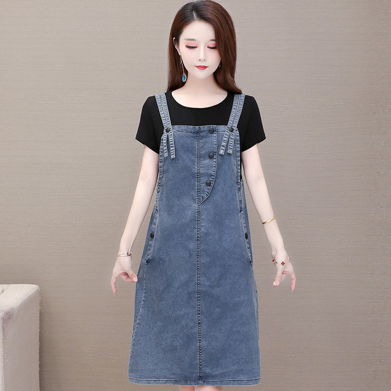 薄牛仔背带假两件2020夏新款连衣裙 帛莉图连衣裙