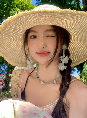 蕾丝蝴蝶结大帽檐沙滩草帽女春新款海边遮阳防晒太阳帽子潮