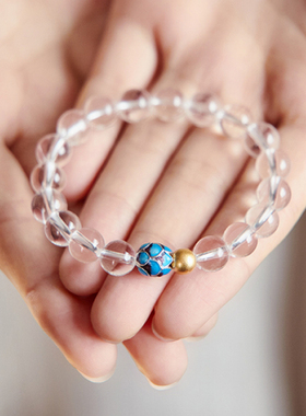 白水晶手串天然宝石玛瑙手串夏天叠戴烧蓝莲花转运珠念珠佛珠白莲