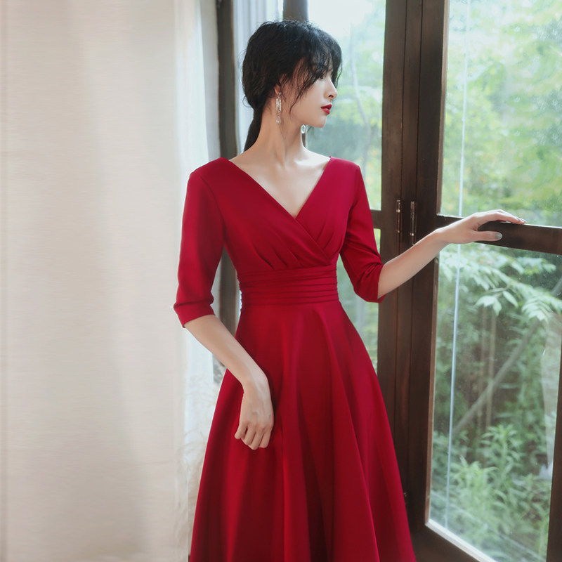 酒红色秋季平时可穿订婚回门敬酒服 香绨礼服/晚装