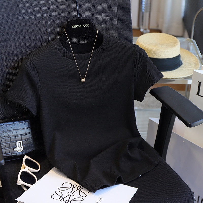 虫小小 BI备纯色螺纹正肩小飞袖T恤修身显瘦打底衫上衣女春夏695B - 图2