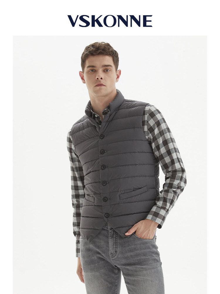 VSKONNE威斯康尼男羽绒马甲深灰色纽扣背心内搭白鹅绒马夹外套男,淘宝优惠券,粉丝福利购,淘宝优惠卷