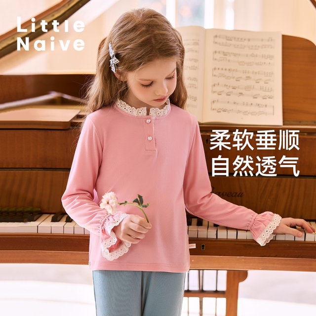 Little Naive children's long-sleeved T-shirt Spring and Autumn New Lace Flap Sleeve Top Girl's Body Base Shirt