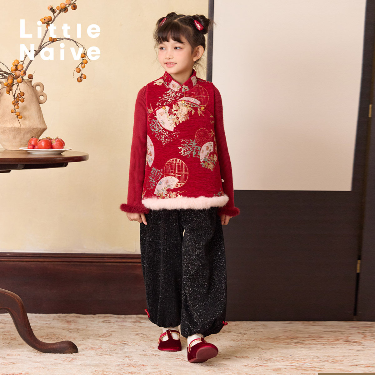 LittleNaive女童提花毛绒背心拜年服秋冬新中式马甲国风夹棉外套,淘宝优惠券,粉丝福利购,淘宝优惠卷