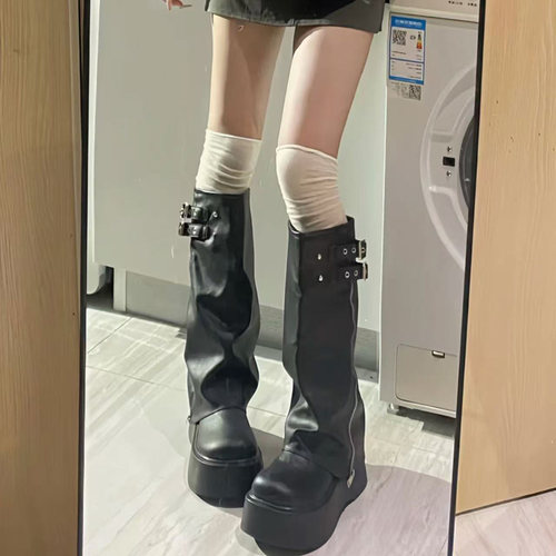 裤管靴子女胖mm粗腿大筒围夏季厚底增高西部长靴小个子长筒堆堆靴 - 图0