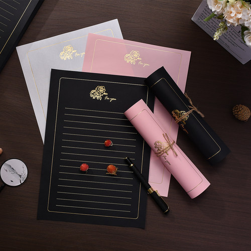 简约金色玫瑰信纸浪漫文艺手写信情书告白高级感烫金信纸a4信笺纸 - 图0