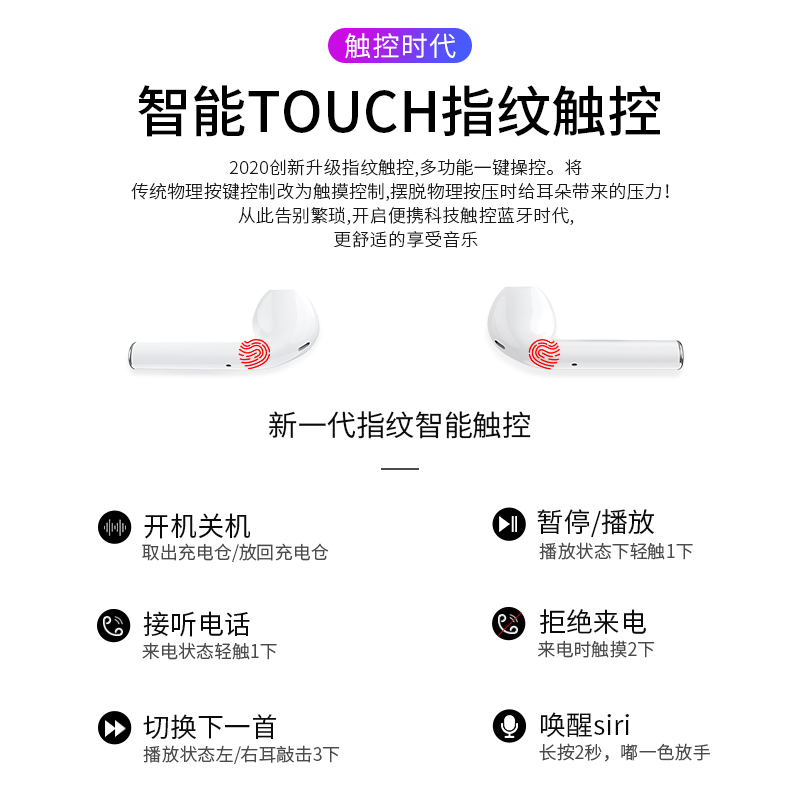 盈顺嘉数码专营店无线蓝牙耳机双耳触控入耳式运动适用于苹果oppo安卓vivo华为iPhone11隐形7迷你8p男款X可爱男女生款白色3