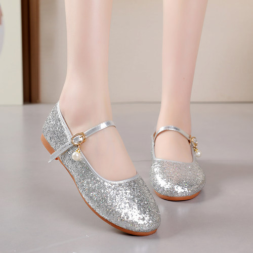 儿童平底软底鞋新款女童公主鞋学生银色合唱舞台演出鞋花童礼服鞋 - 图1