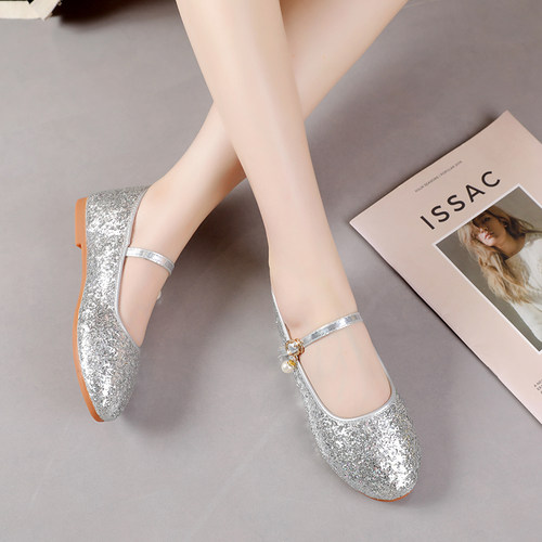 儿童平底软底鞋新款女童公主鞋学生银色合唱舞台演出鞋花童礼服鞋 - 图2