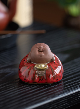 创意紫砂招财弥勒佛茶宠摆件家居客厅茶室元宝笑佛桌面禅意