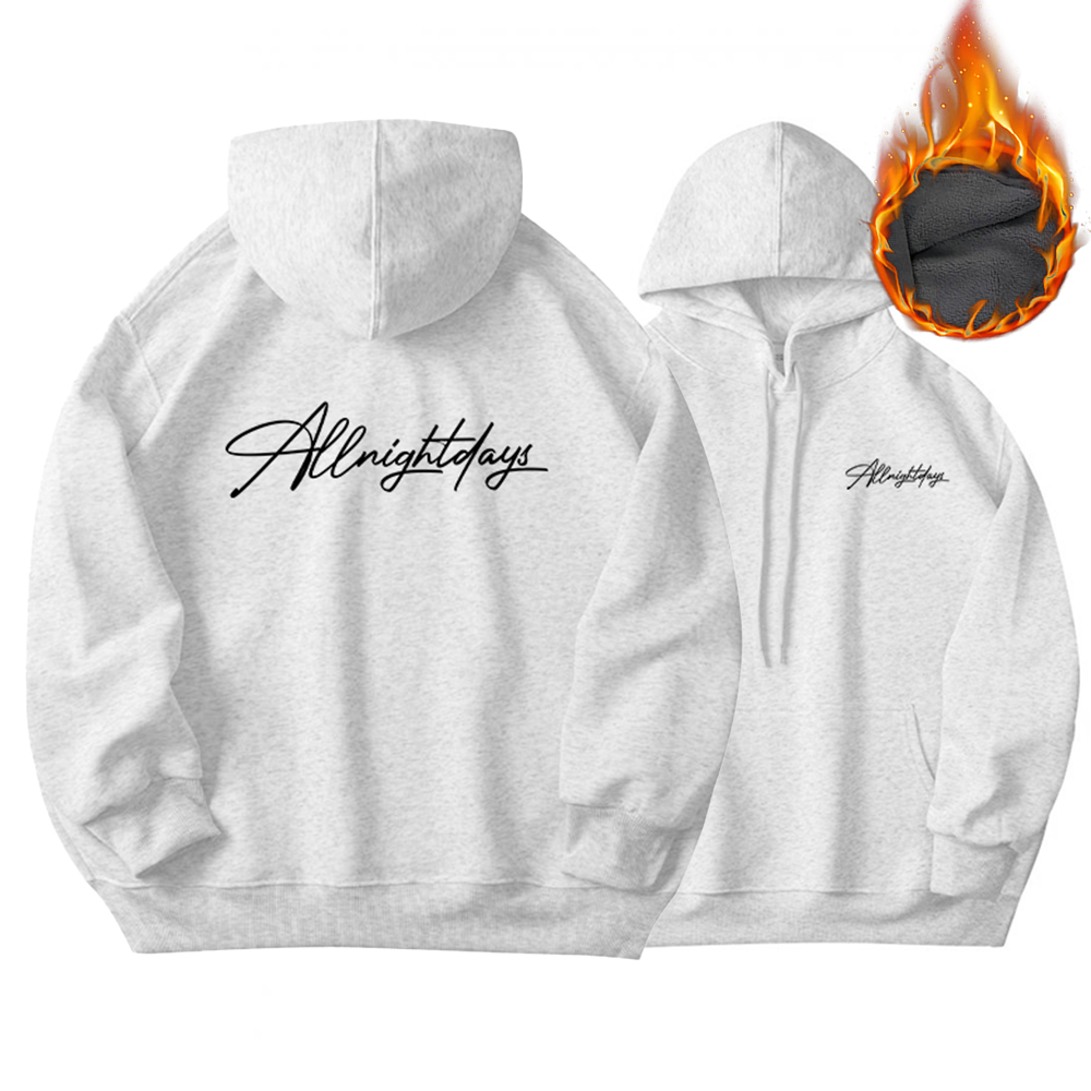 SNUN 草体签名字母灰色加绒连帽卫衣秋冬情侣复古简约套头帽衫