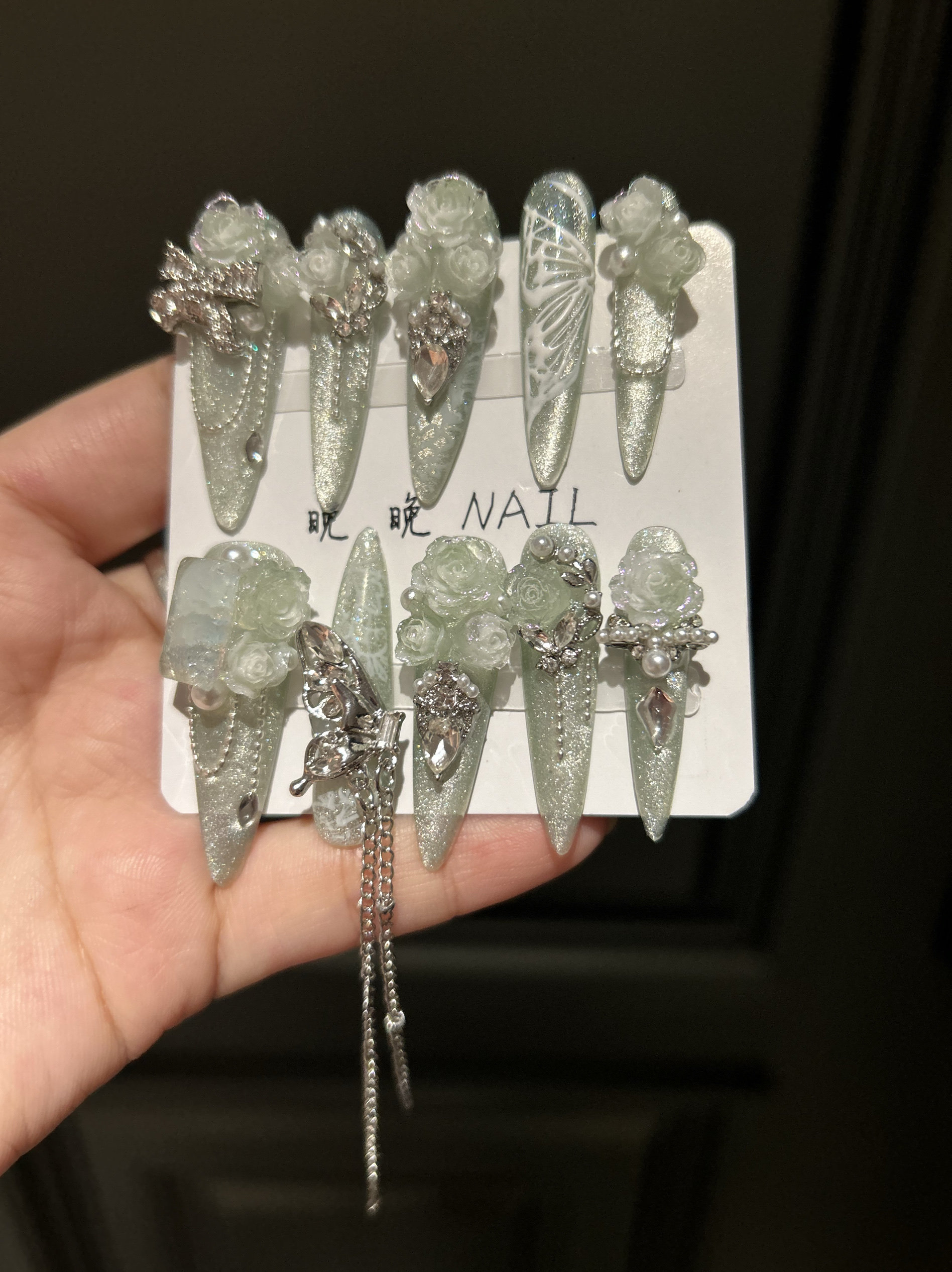 浅碟 手绘蝴蝶猫眼纯手工手工定制美甲 奢华满钻  长水滴穿戴甲,淘宝优惠券,粉丝福利购,淘宝优惠卷