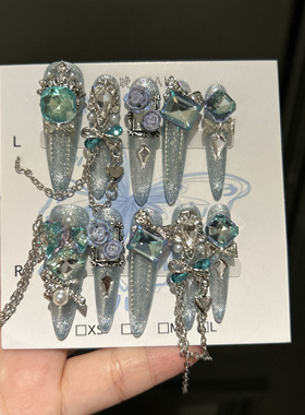 水晶之恋 纯手工穿戴甲蓝色高级爆闪奢华气质时尚超长美甲