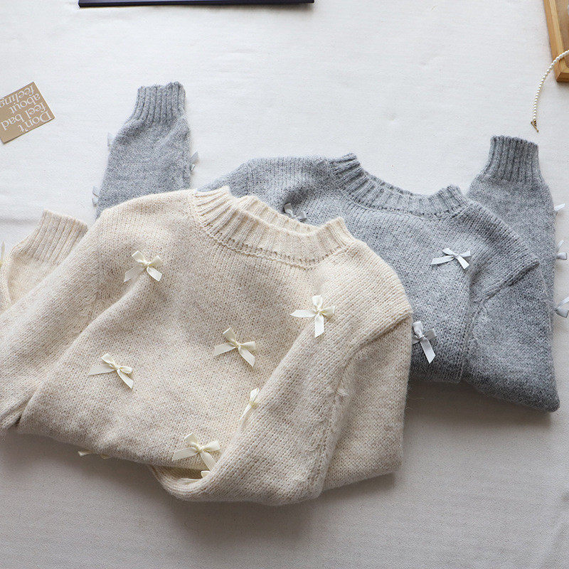 2026秋冬新款韩版圆领蝴蝶结小个子短款百搭套头毛衣女,淘宝优惠券,粉丝福利购,淘宝优惠卷