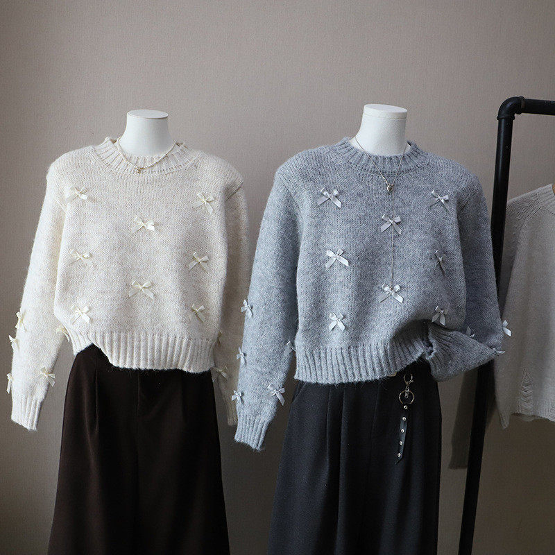 2026秋冬新款韩版圆领蝴蝶结小个子短款百搭套头毛衣女,淘宝优惠券,粉丝福利购,淘宝优惠卷