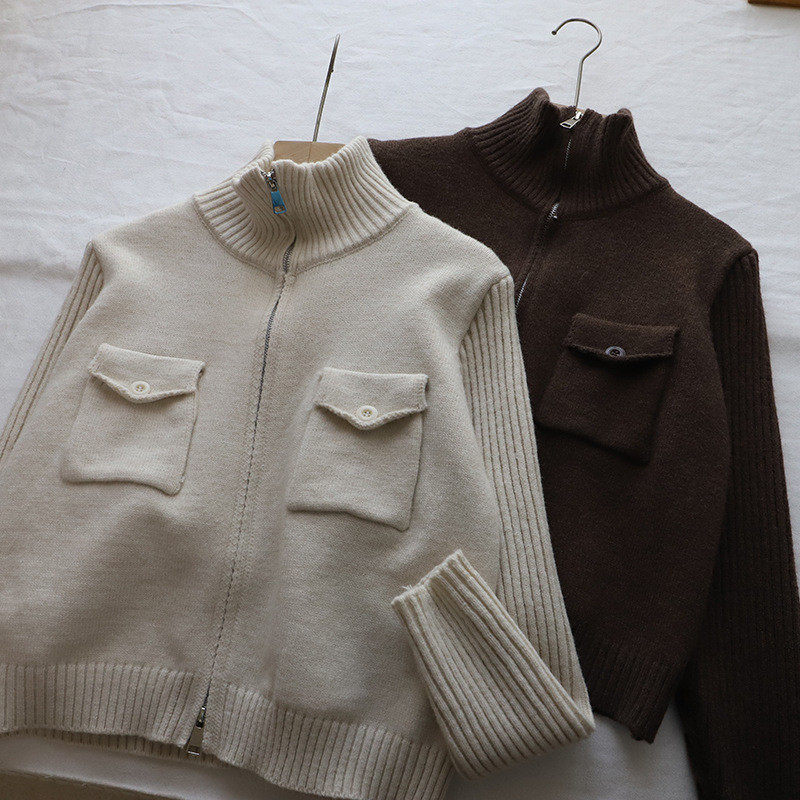 2026秋冬新款韩版显瘦百搭工装短款双拉链开衫女式毛衣,淘宝优惠券,粉丝福利购,淘宝优惠卷