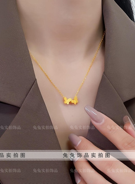 钛钢比翼双飞磨砂蝴蝶爆闪项链