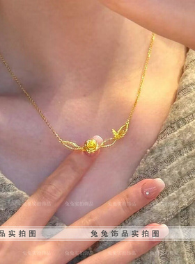 钛钢女永生玫瑰花蝴蝶项链小众