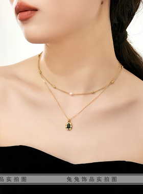 钛钢十字链女椭圆米珠贝珠项链