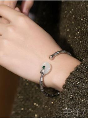 高档竹节白玉平安镀扣银手手镯活扣复古约百搭泰银工简艺送妈妈银