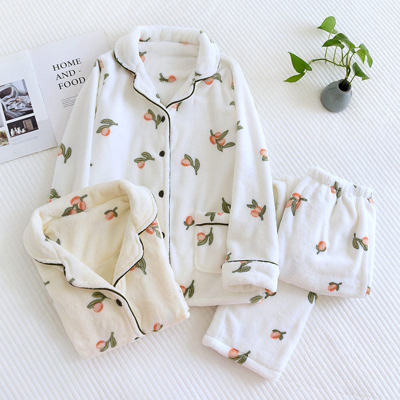 秋冬法兰绒睡衣女加绒加厚珊瑚绒家居服开衫大码加肥双面绒碎花 - 图0