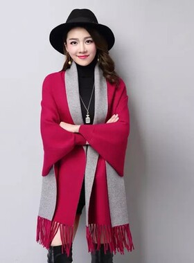 带袖披风斗篷仿羊绒披肩围巾两用加厚秋冬季女士双面纯色外套保暖