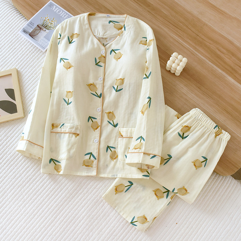 免文胸纯棉麻双层纱布长袖睡衣套装女春夏季薄款带胸垫家居服V领,淘宝优惠券,粉丝福利购,淘宝优惠卷