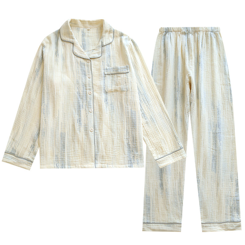 婴儿棉纱布情侣睡衣女士春秋季薄款纯棉男翻领宽松长袖家居服套装,淘宝优惠券,粉丝福利购,淘宝优惠卷