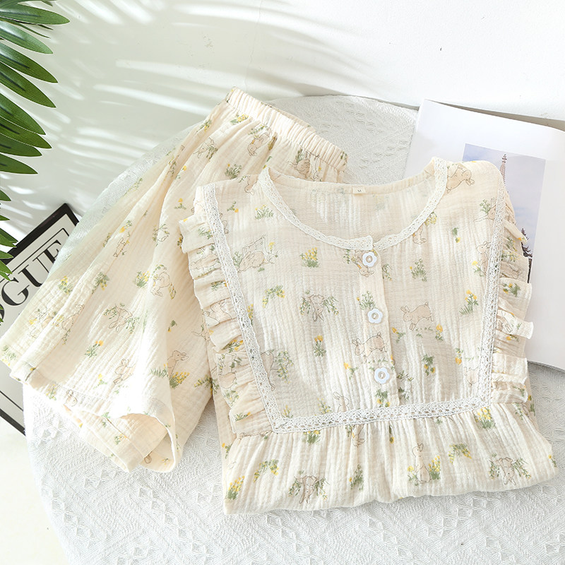 日系清新女款夏季短袖短裤睡衣全棉双层绉纱布圆领卡通家居服套装,淘宝优惠券,粉丝福利购,淘宝优惠卷