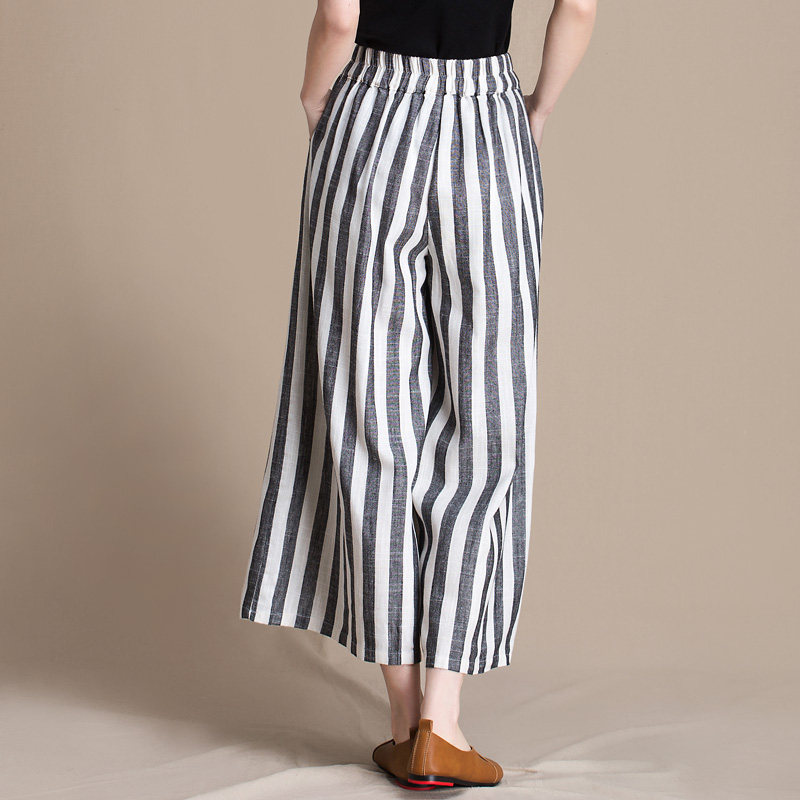 竖条纹棉麻女春装新款修身阔腿裤 六月草休闲裤
