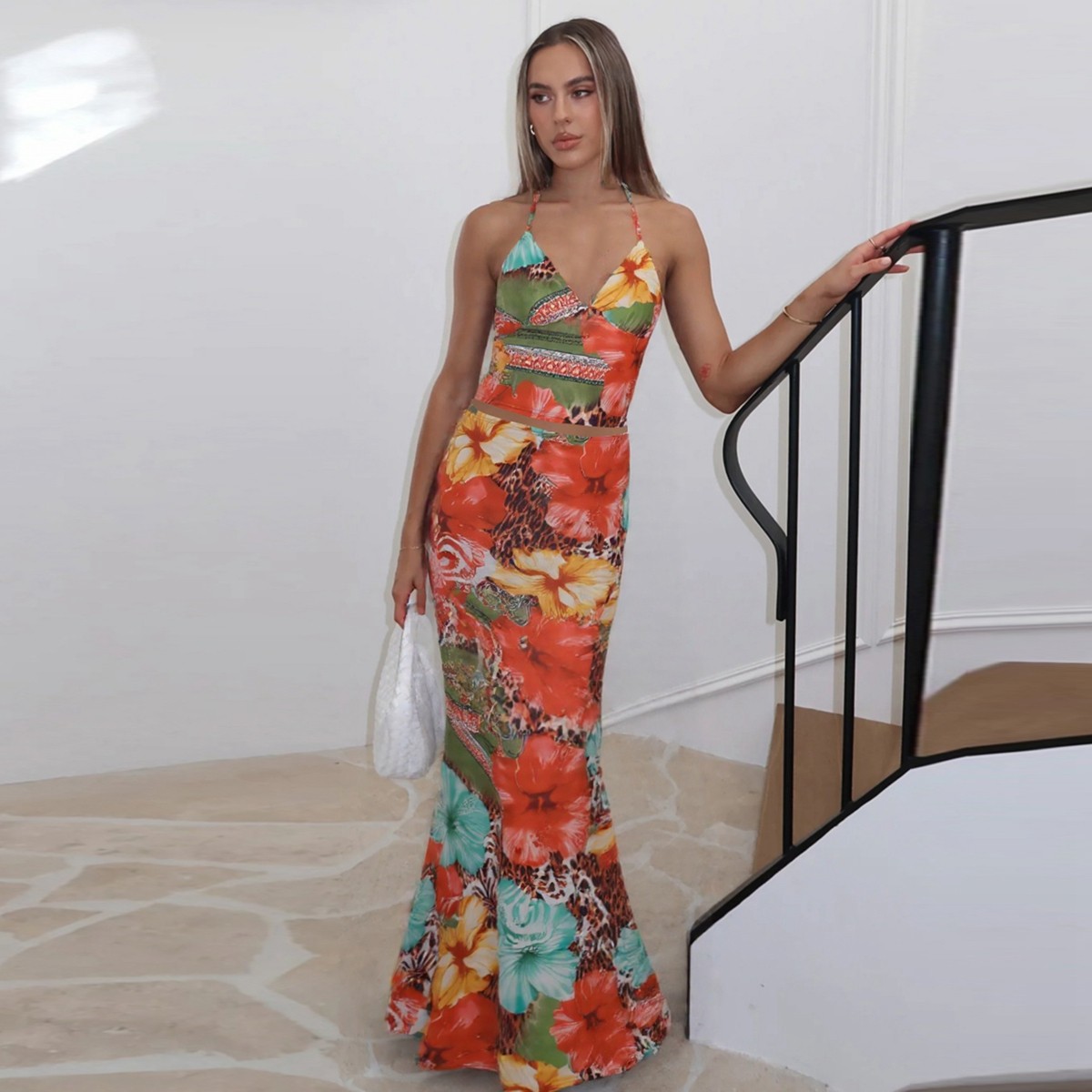 gusty法式浪漫橘色花海豹纹套装辣妹度假风挂脖吊带上衣+半身长裙,淘宝优惠券,粉丝福利购,淘宝优惠卷