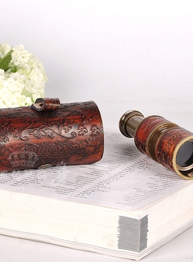 印度黄铜英伦怀旧单筒伸缩式便携望远镜欧式皮盒书房桌面摆件礼品