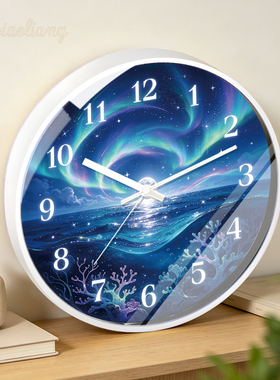 梦幻极光海圆月挂钟深海珊瑚星空风景艺术时钟客厅卧室静音装饰表