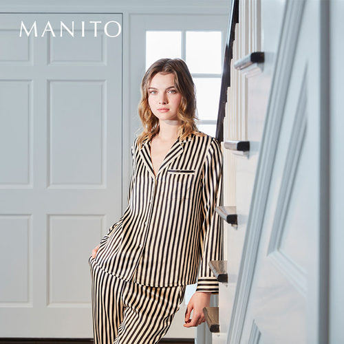 MANITO/曼尼陀真丝睡衣女条纹长袖套时尚桑蚕丝家居服Stripe - 图0