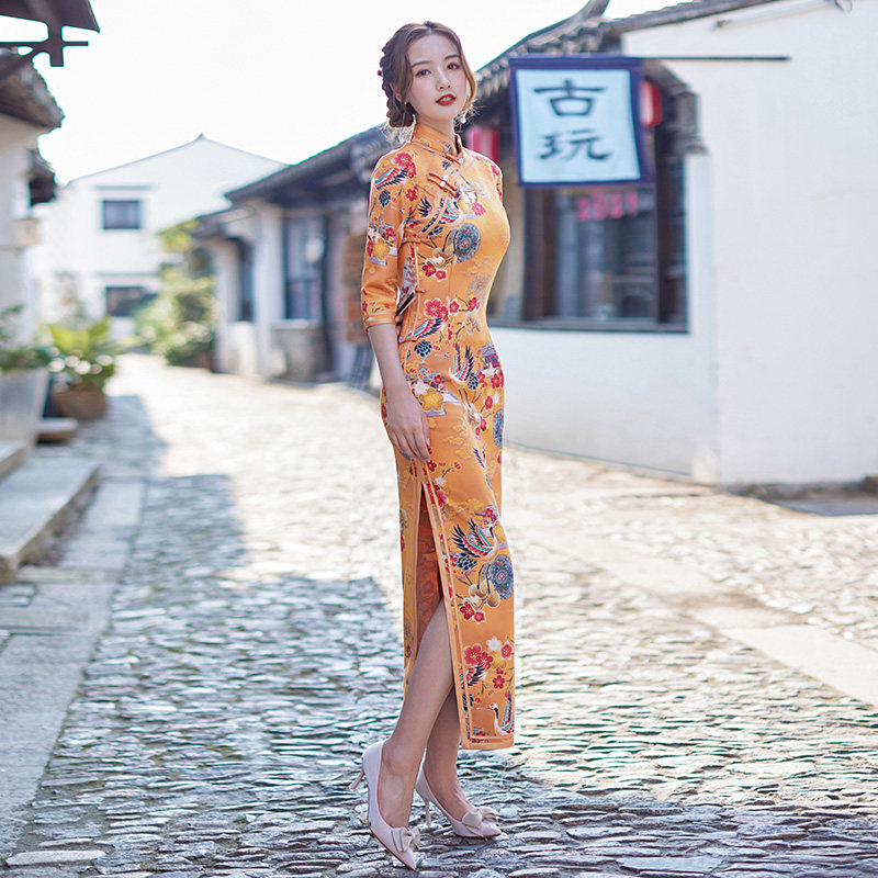 黄色旗袍少女气质走秀长款连衣裙 萱凤格旗袍