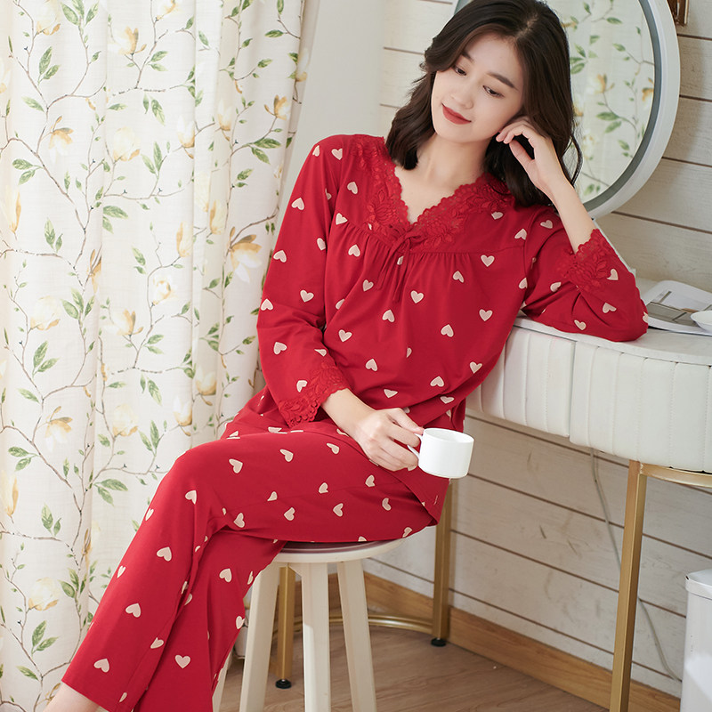 大红色睡衣女士春秋季纯棉长袖本命年薄款中年宽松大码高档家居服,淘宝优惠券,粉丝福利购,淘宝优惠卷