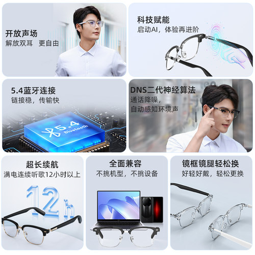 智能蓝牙眼镜配近视老花有度数防蓝光长续航定制高颜值男款听歌 - 图0