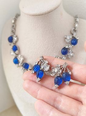 外贸复古中古饰品精致宝蓝色琉璃镶钻项链耳饰戒指套装打标款