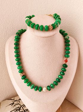 复古Vintage老料子仿翡翠项链新中式风格原创设计手链套装算盘珠