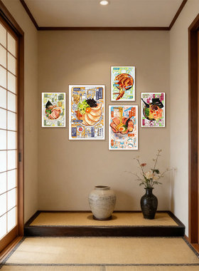 卡通美食挂画日式料理店拉面馆寿司店墙面装饰画烧鸟烤肉店海报