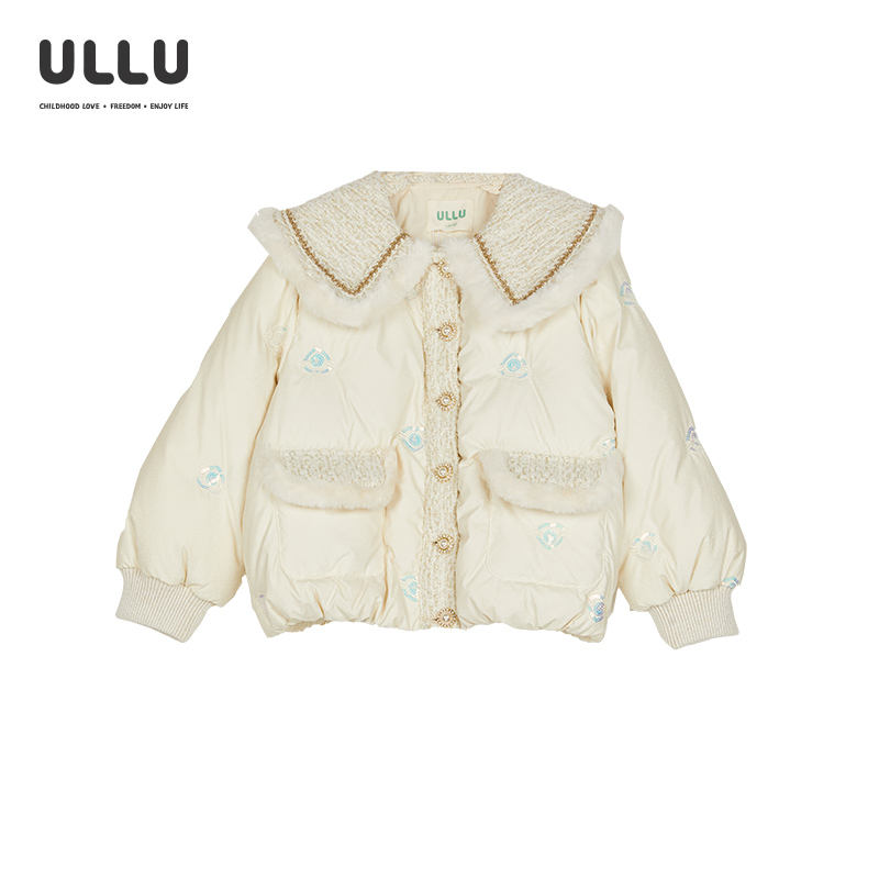 ULLU优露童装女童短羽绒服冬新款幻彩亮片爱心绣花粗花呢羽绒外套