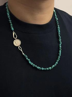 工装飞行员 余文乐同款LARRY SMITH复古小飞侠松石头银币项链男女