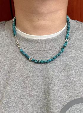 工装飞行员 日系原创复古余文乐同款绿松石925纯银珠鱼钩扣项链