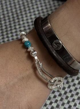 工装飞行员 原创复古日本925银雕刻银珠小众进口百搭羽毛扣手链